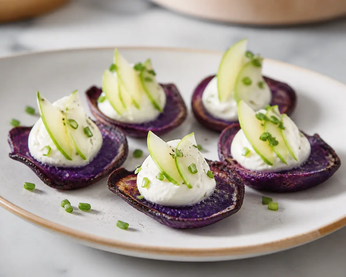 Crispy purple potato bites with chèvre cream, green apple, and chives
