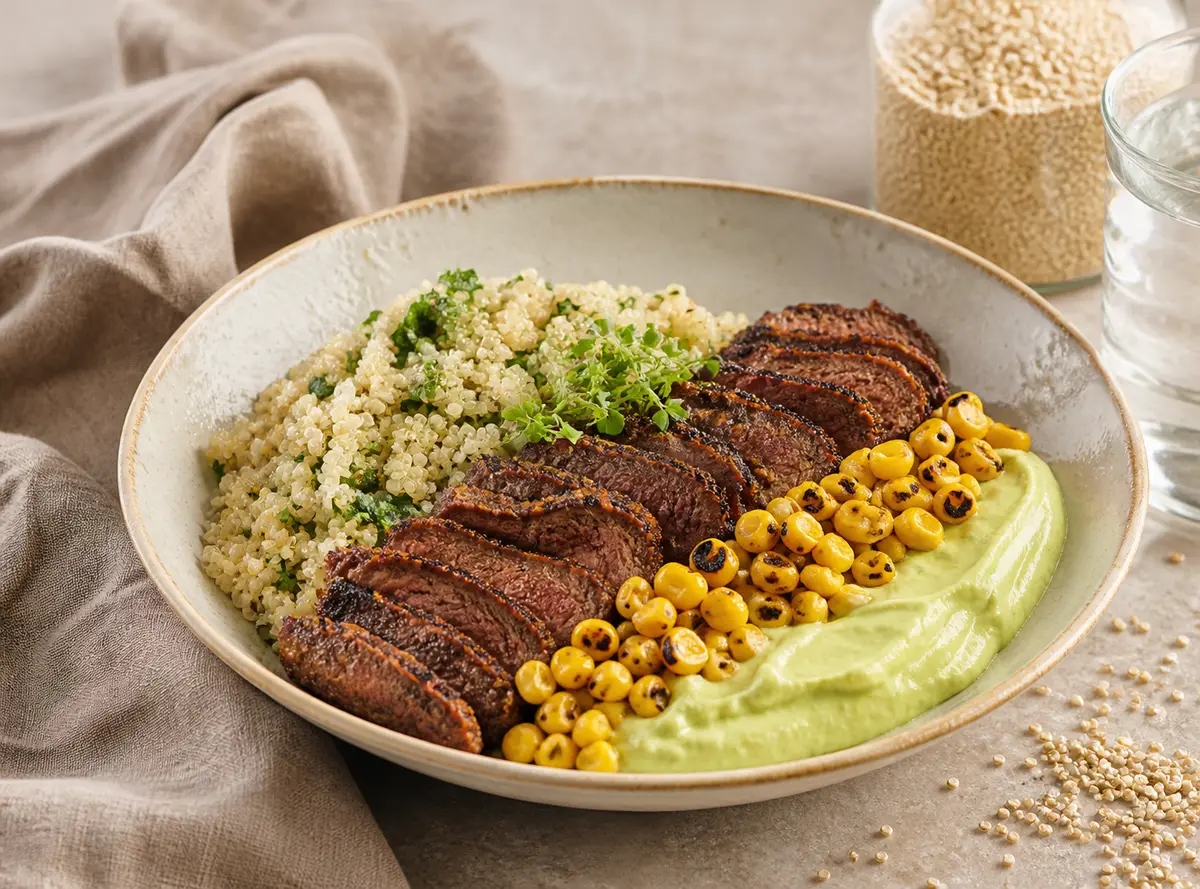 Bowl tibio de res al chipotle suave con quinoa de lima, elote tostado y crema de aguacate