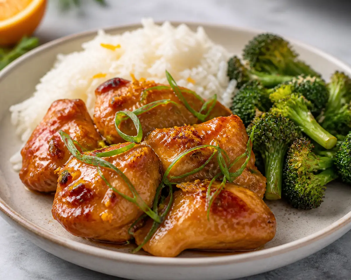 Pollo glaseado de naranja y jengibre con arroz de coco suave y brócoli asado al sésamo