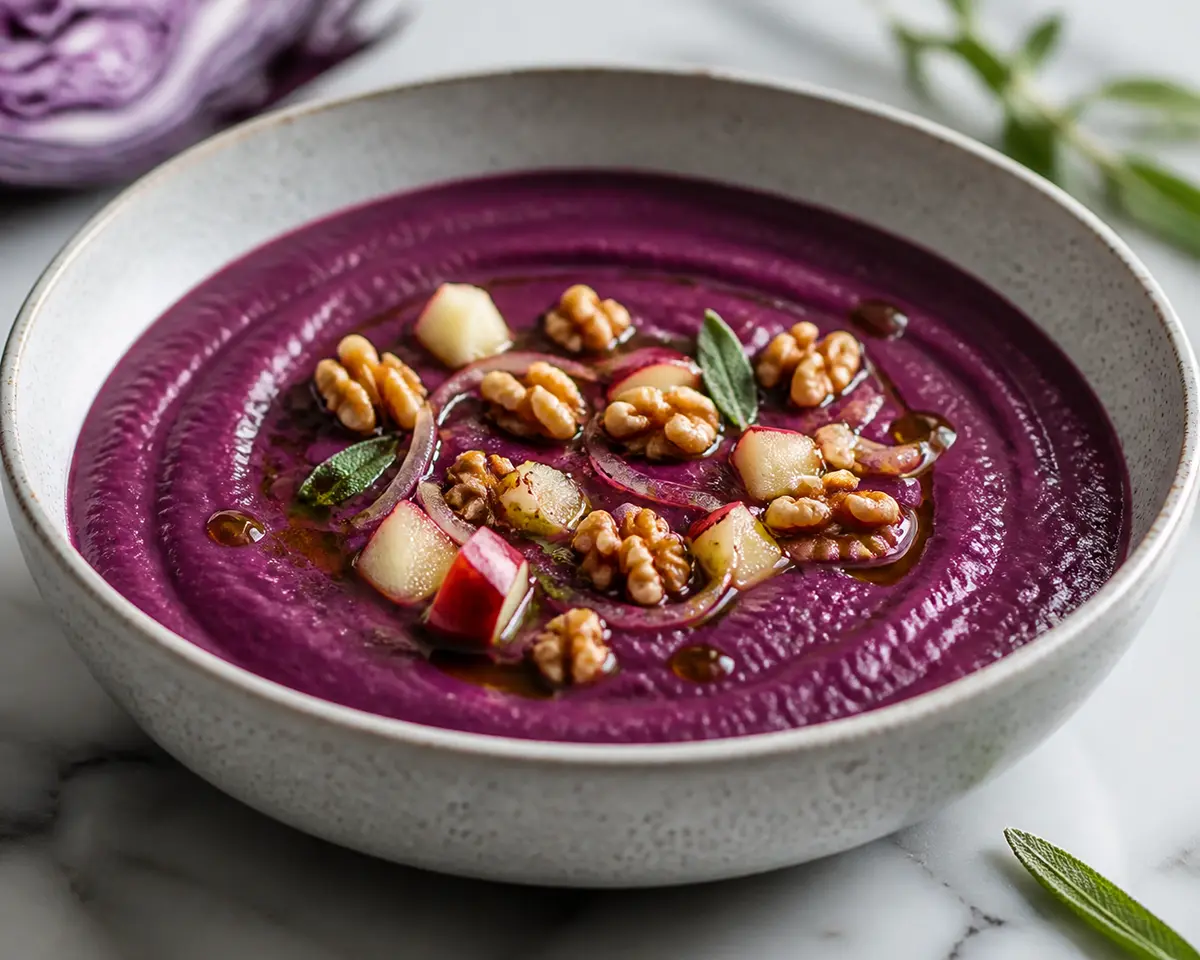 Sopa sedosa de col lombarda, manzana y patata con aceite de salvia y nueces tostadas
