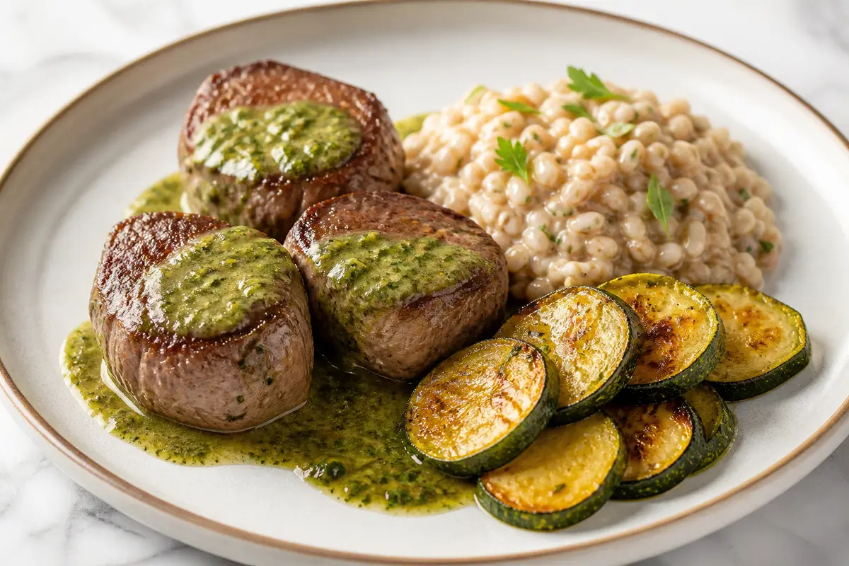 Beef Medallions with Roasted Tomatillo Basil Sauce, Creamy Farro, and Golden Zucchini