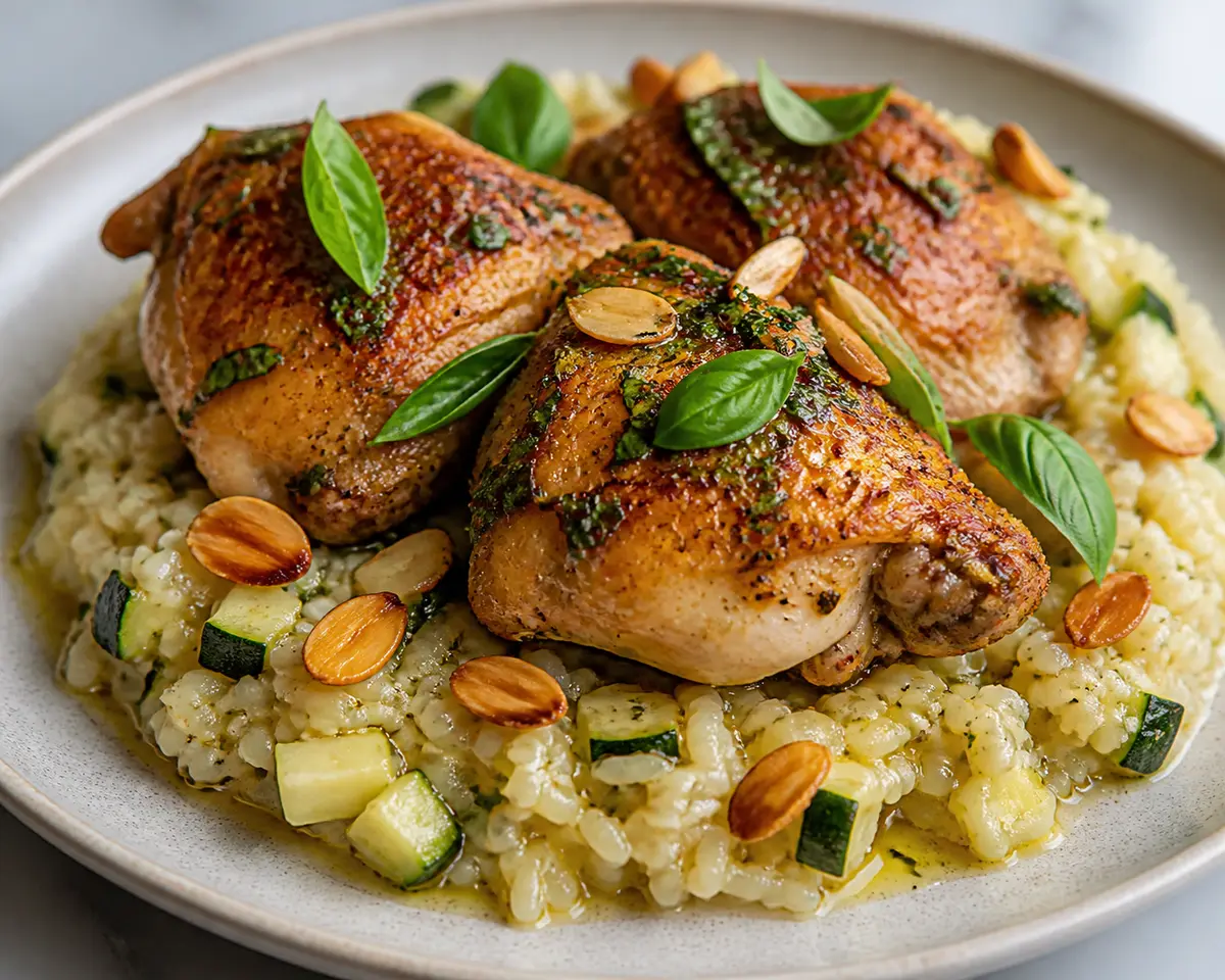 Pollo asado con mantequilla de albahaca, limón y almendras sobre arroz cremoso de calabacín