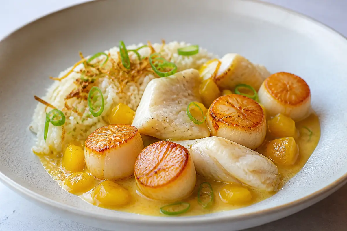 Sea Skillet of Hake and Scallops with Yellow Pepper Cream and Crispy Scallion Rice