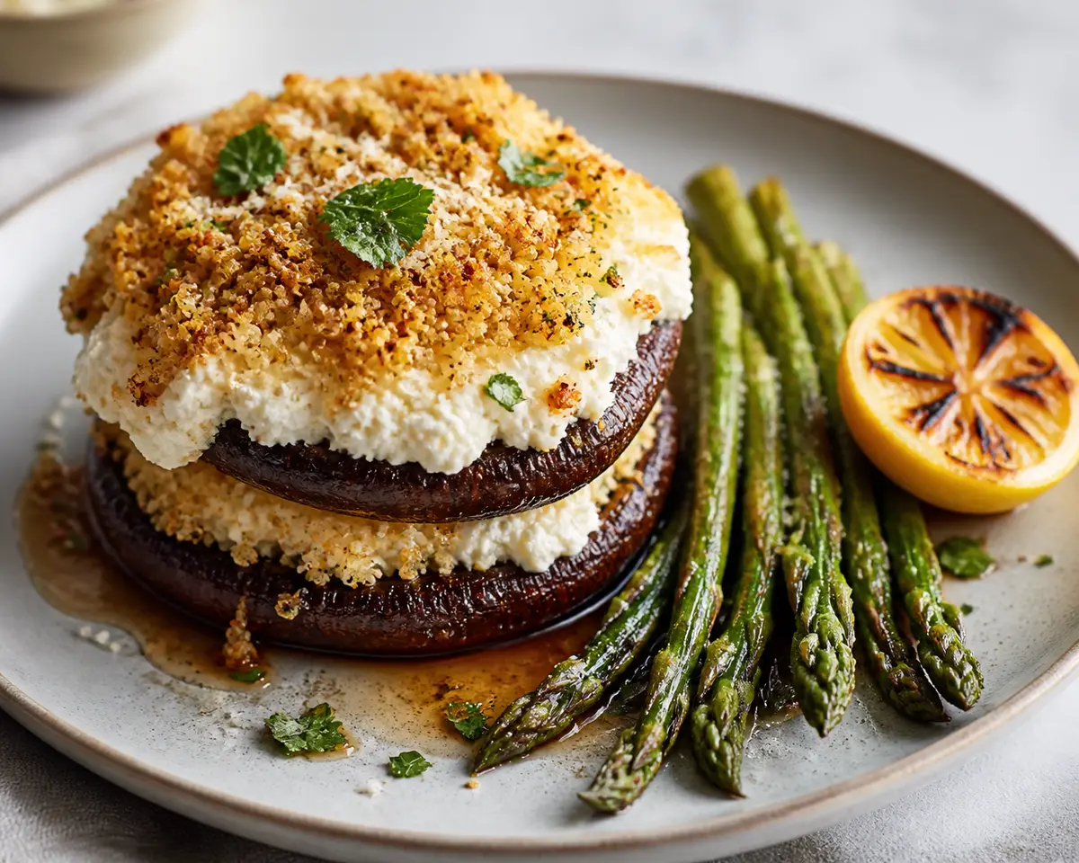 Champiñones Portobello en Costra de Mijo con Crema de Requesón, Espárragos Asados y Limón Tostado