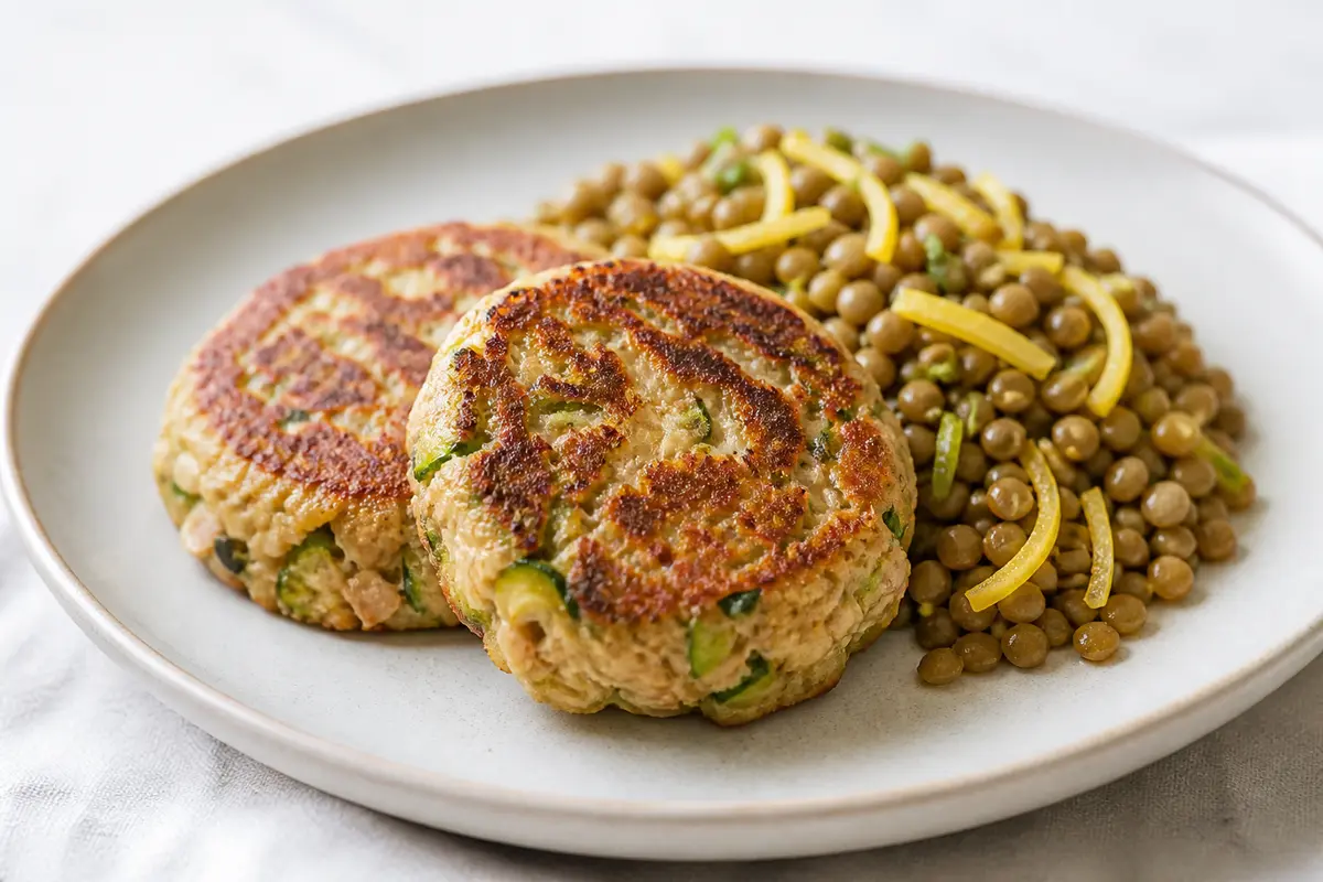 Tortitas Doradas de Atún, Skyr y Calabacín con Ensalada Tibia de Lentejas al Limón