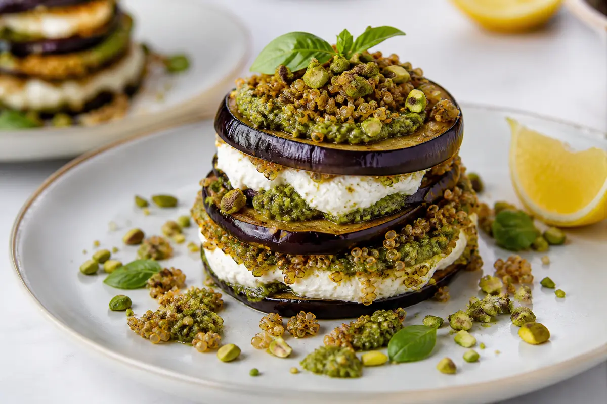 Roasted Eggplant Stacks with Lemon Ricotta, Crispy Quinoa and Pistachio Pesto