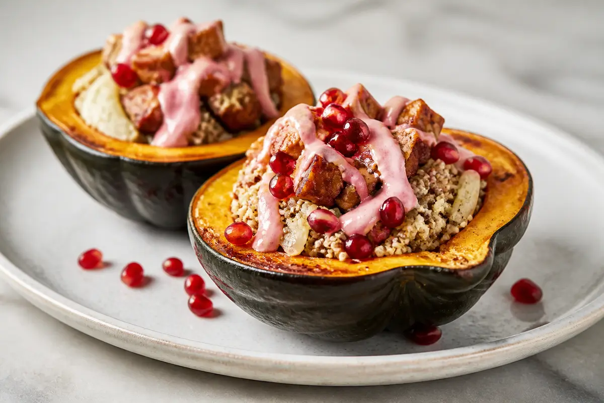 Acorn Squash with Fennel Quinoa Pilaf, Crispy Tempeh and Pomegranate Tahini Sauce