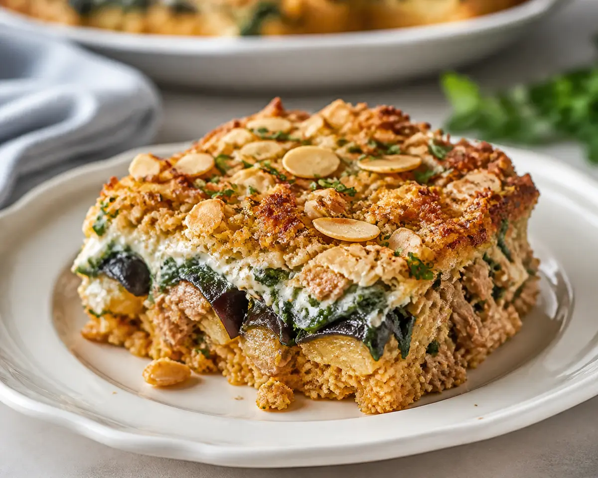 Family Couscous Bake with Roasted Chicken, Eggplant, Spinach Yogurt Cream and Almond Crust