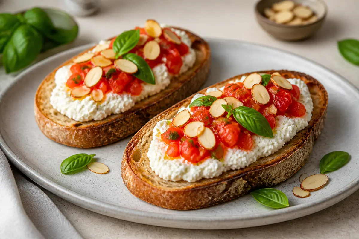Express Toasts with Grated Tomato, Basil Ricotta, and Crunchy Almond