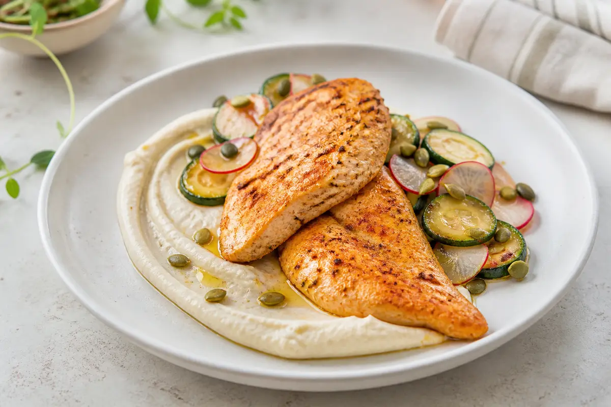 Mild Paprika Turkey with Cauliflower Cream and Warm Zucchini, Radish and Pepita Salad