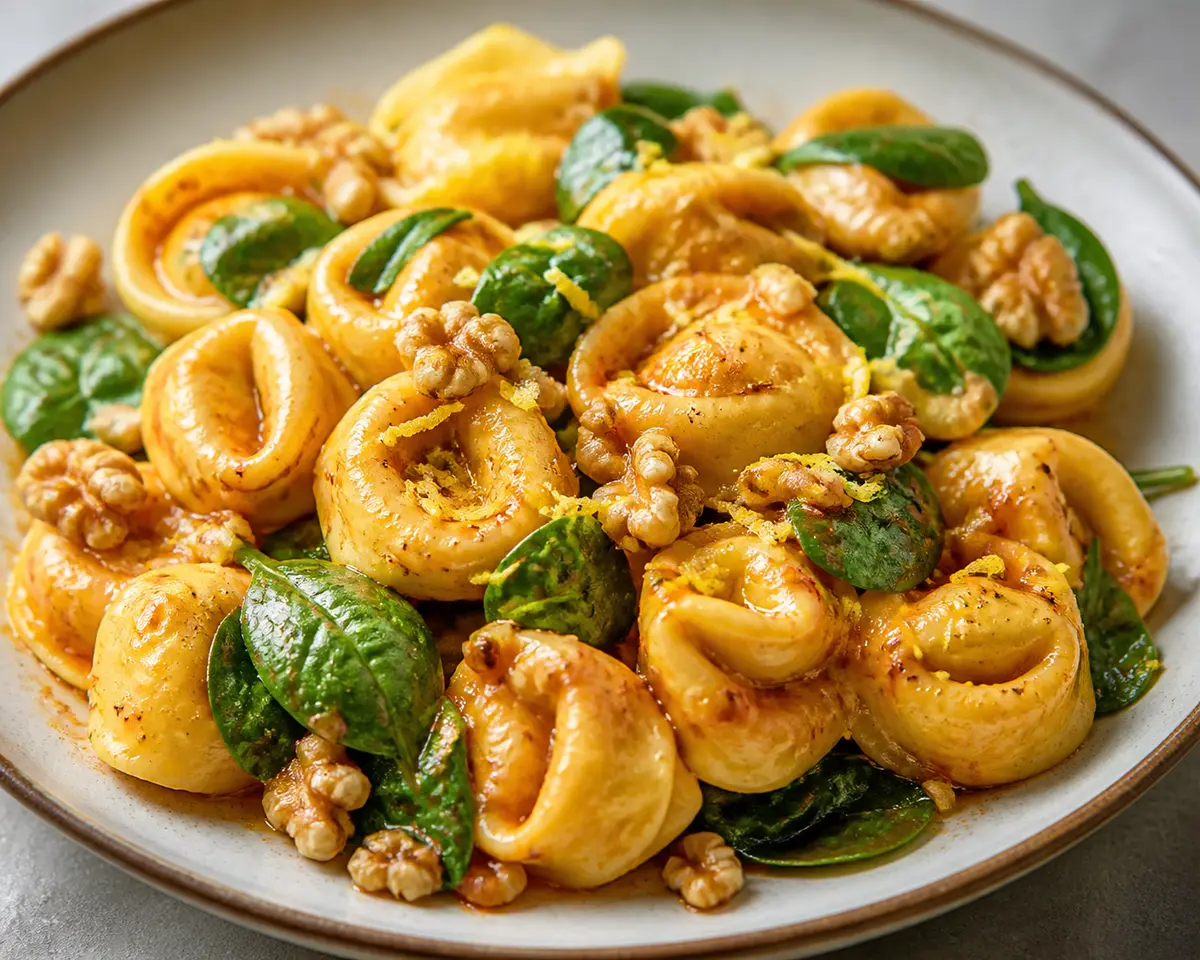 Express Spinach Tortelloni with Roasted Pepper Butter, Walnuts, and Lemon