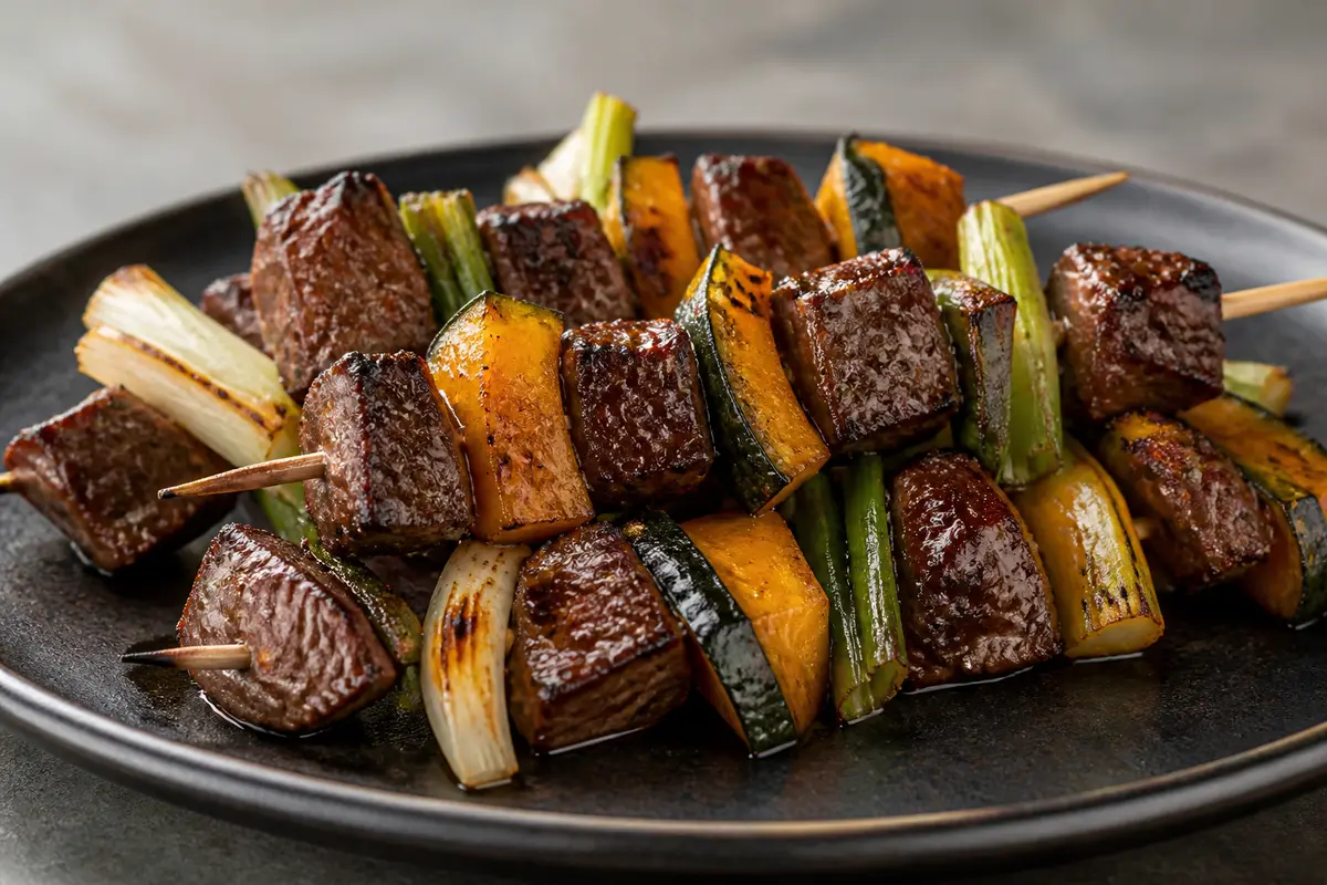 Brochetas de res a la parrilla con calabaza kabocha, cebolla cambray y adobo de chile ancho, mandarina y orégano