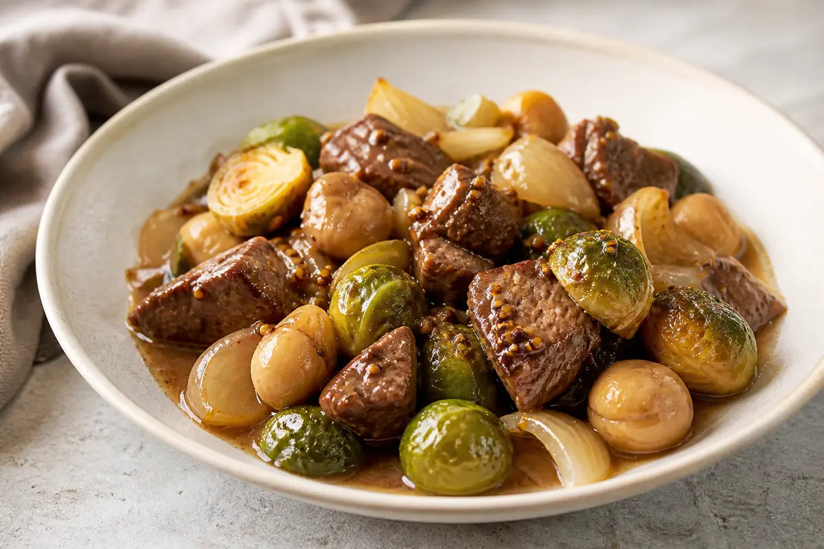 Ternera en slow cooker con coles de Bruselas, castañas y salsa de mostaza antigua