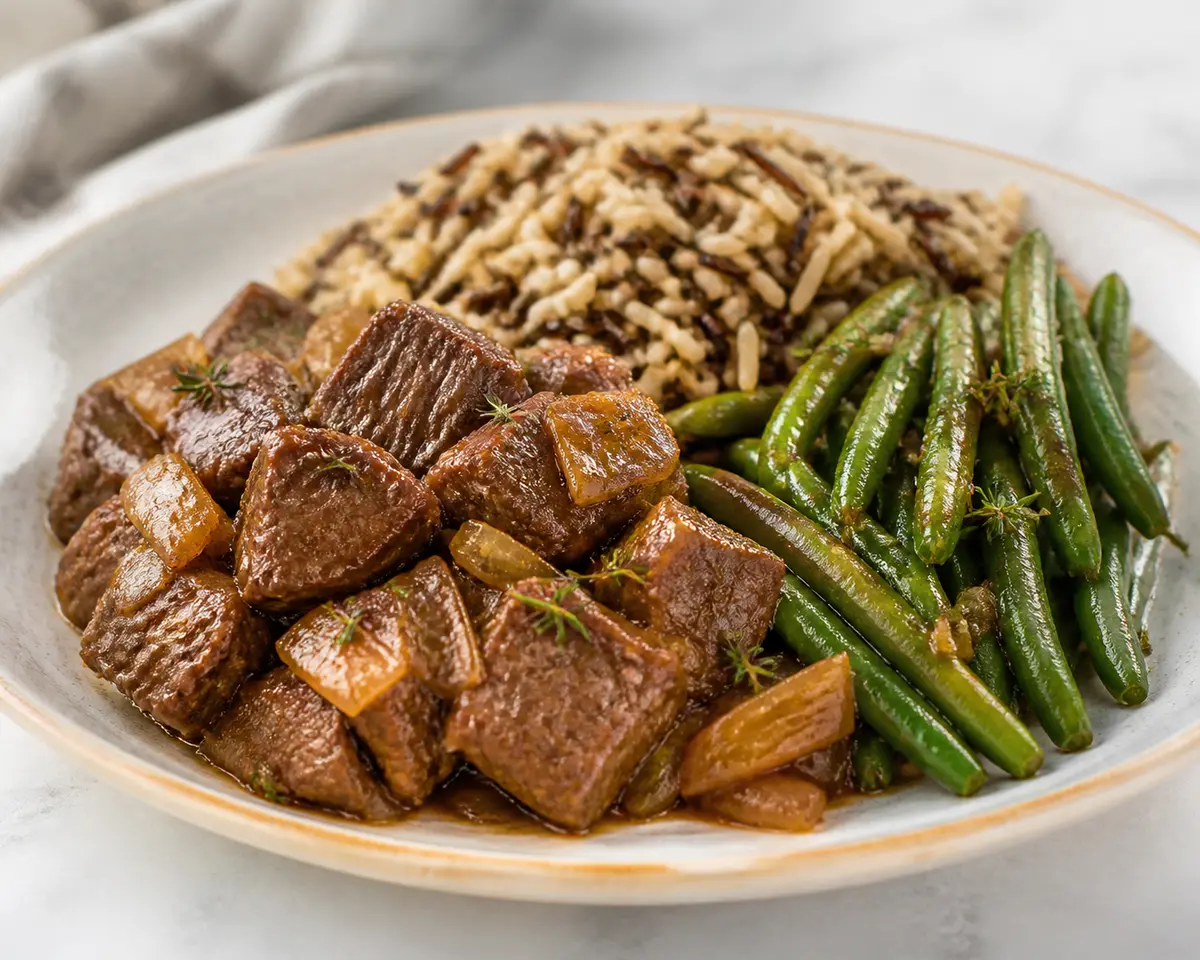 Instant Pot de ternera con cebolla caramelizada rápida, arroz salvaje y judías verdes al tomillo