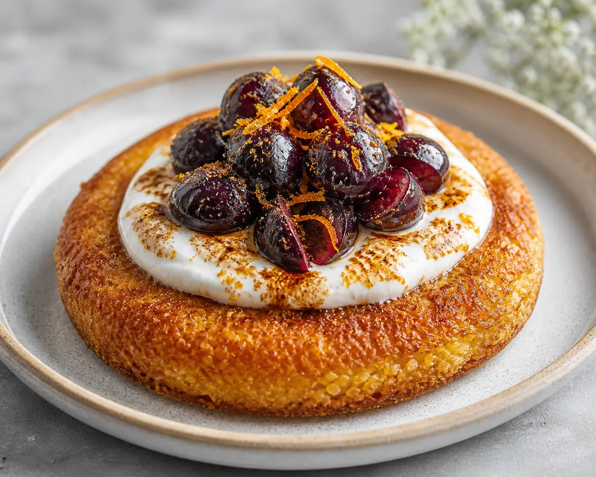 Crispy millet and orange skillet cake with toasted yogurt cream and spiced black grapes
