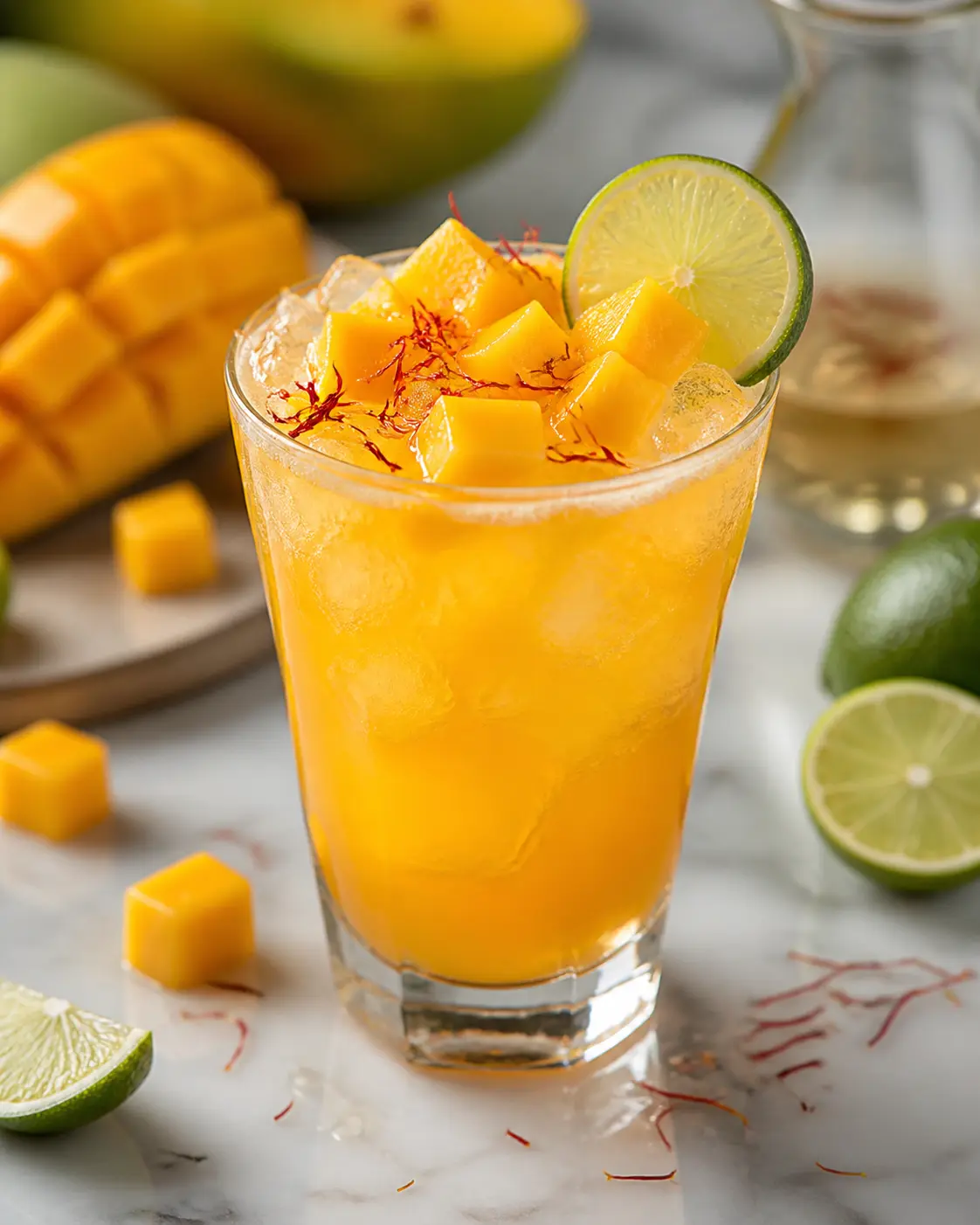 Bebida helada de mango, lima y azafrán con agua de azahar
