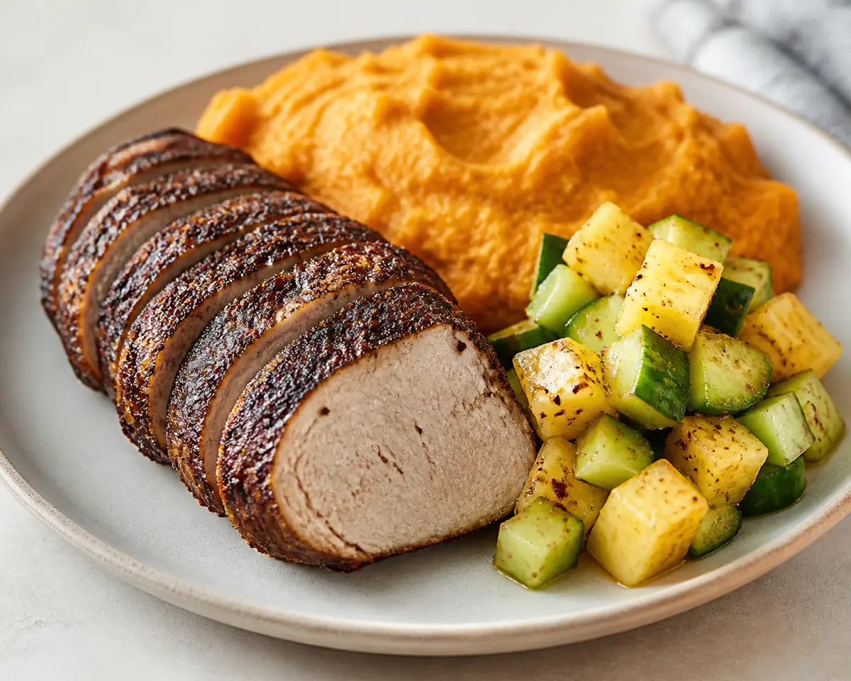 Lomitos de Cerdo Caribeños con Costra de Cacao y Especias, Puré de Batata al Coco y Ensalada Tibia de Piña y Pepino
