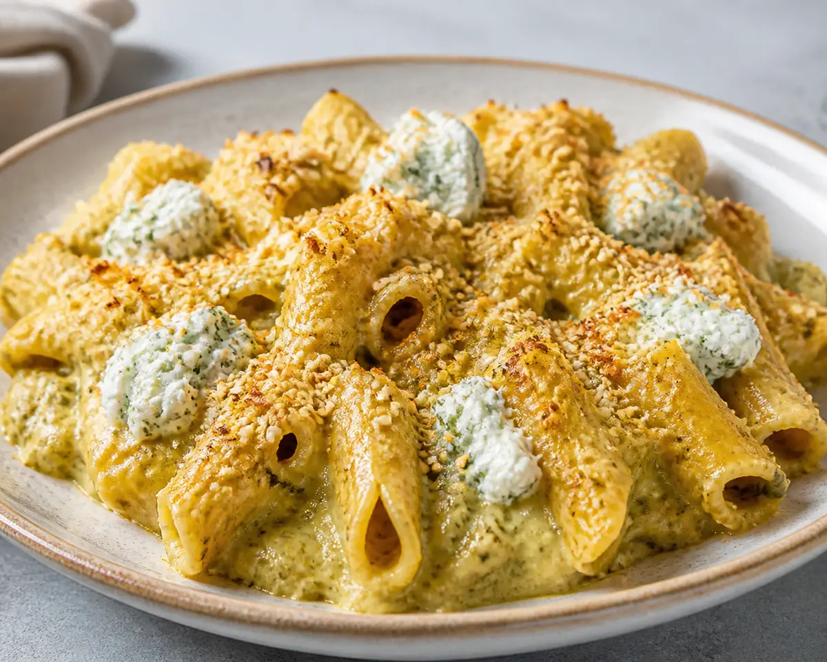 Baked Garganelli with Roasted Green Pepper Cream, Herbed Ricotta, and Sesame Parmesan Crust