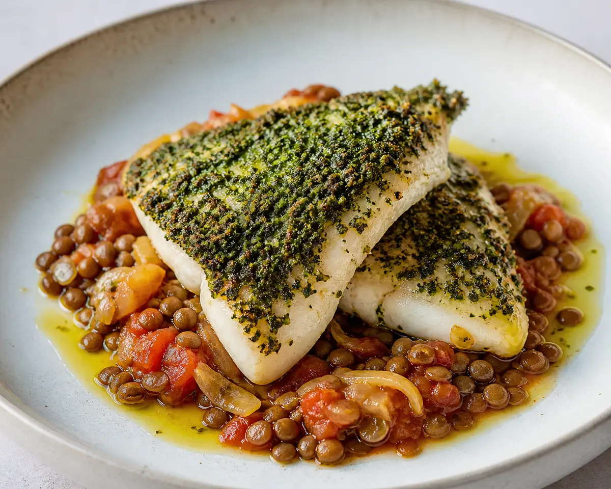 Mediterranean Sea Bream Fillets with Herb Crust, Tomato Lentils, and Warm Olive Vinaigrette