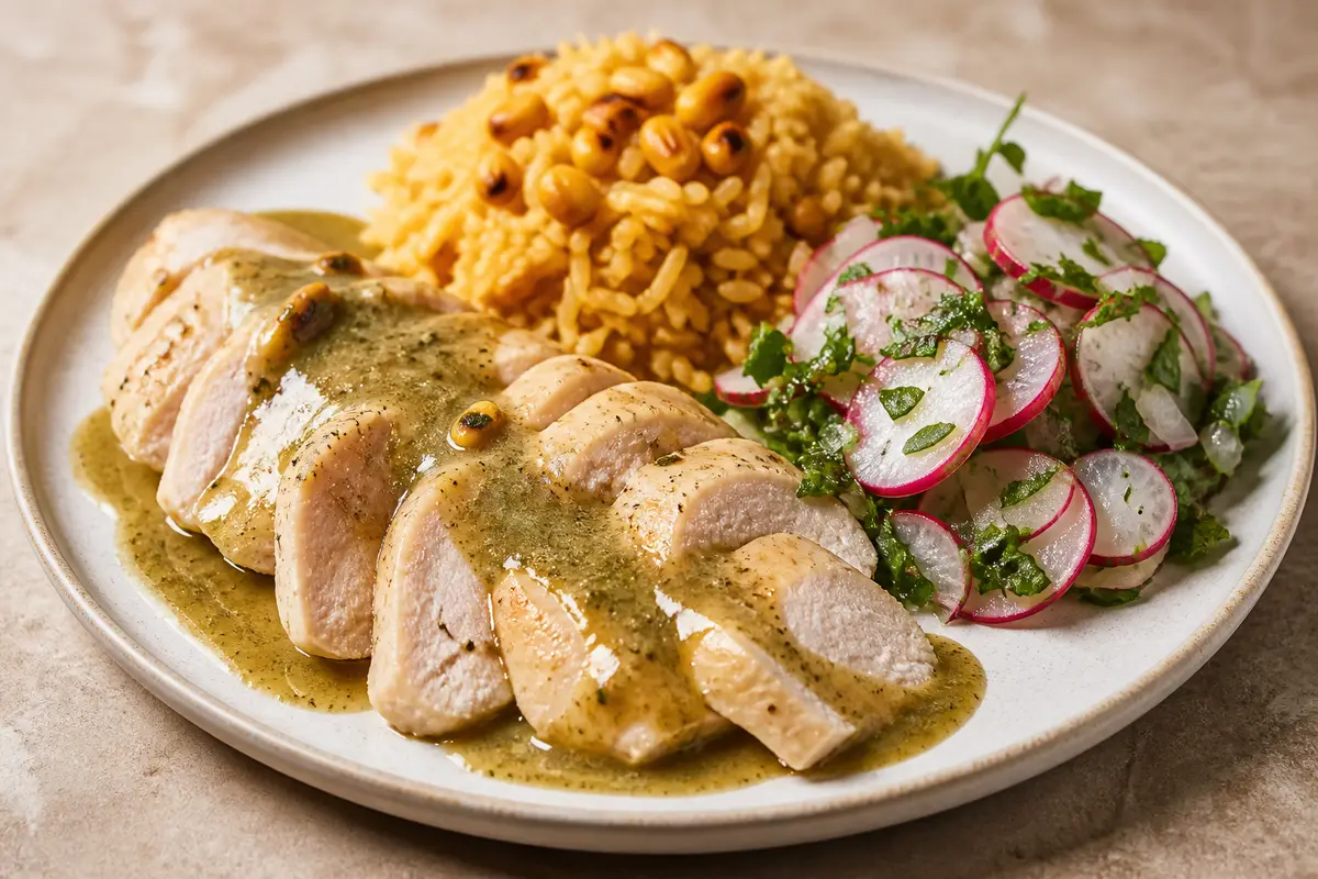 Chicken Breast in Pepitoria and Sour Orange Sauce with Toasted Corn Rice and Radish Herb Salad