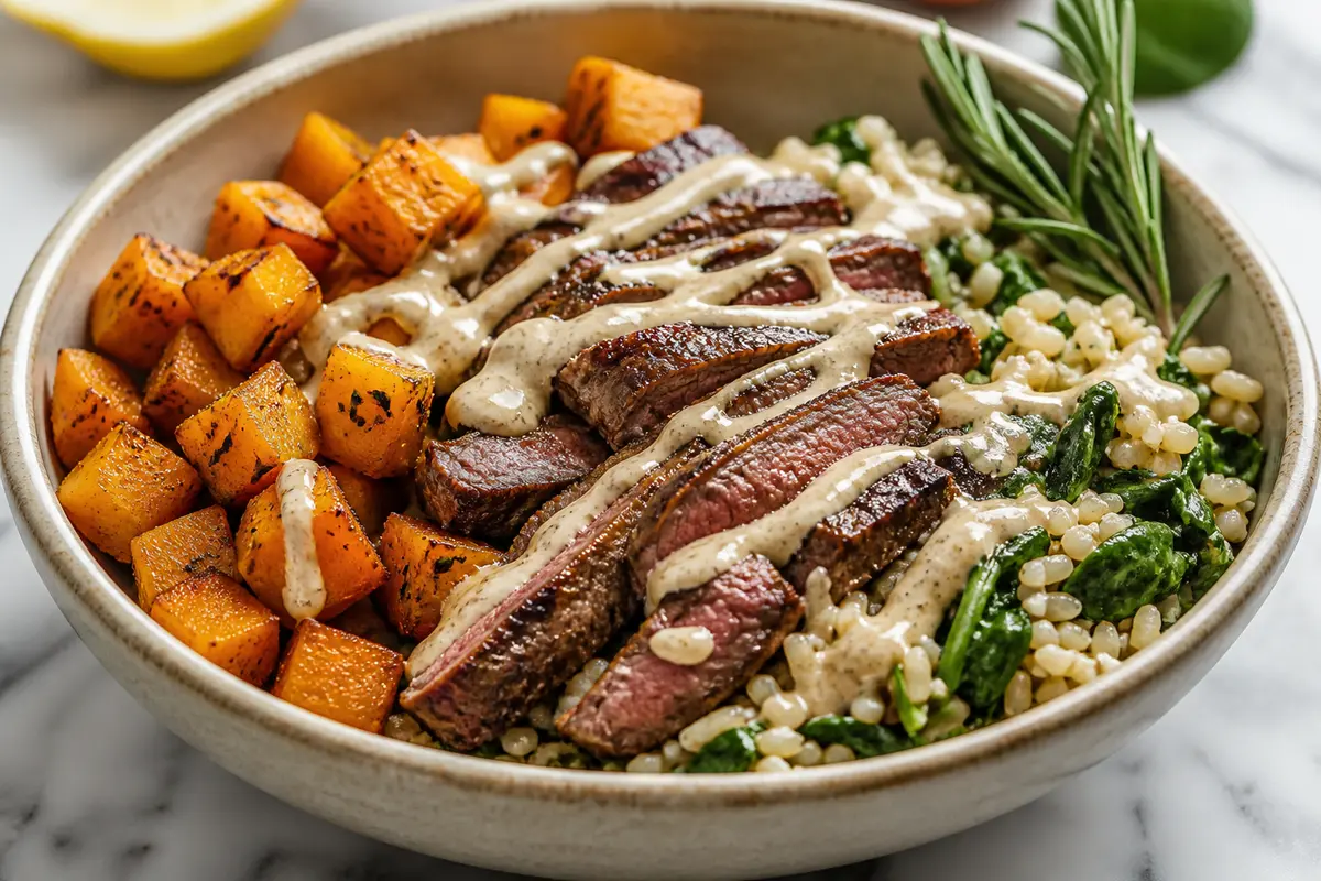 Warm Rosemary Beef Bowl with Roasted Squash, Creamy Brown Rice with Spinach, and Light Tahini Lemon Sauce
