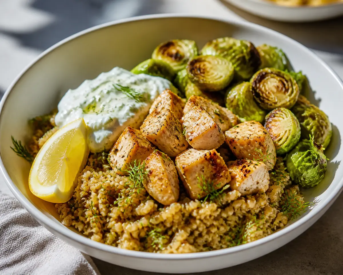 Warm Roasted Lemon Chicken Bowl with Spiced Freekeh, Crispy Brussels Sprouts, and Dill Feta Cream