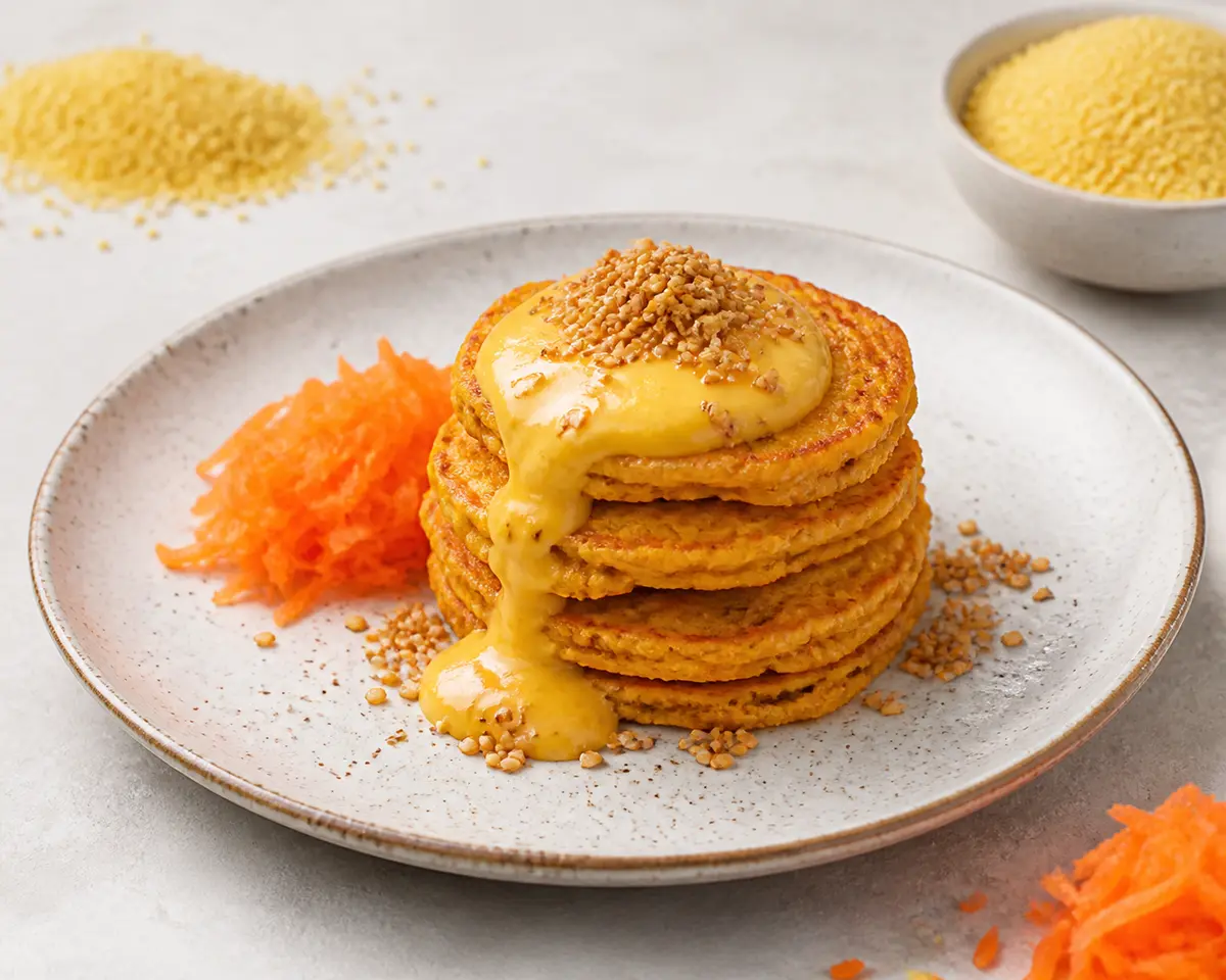 Tortitas Doradas de Mijo y Zanahoria con Crema Tibia de Naranja y Crujiente de Sésamo