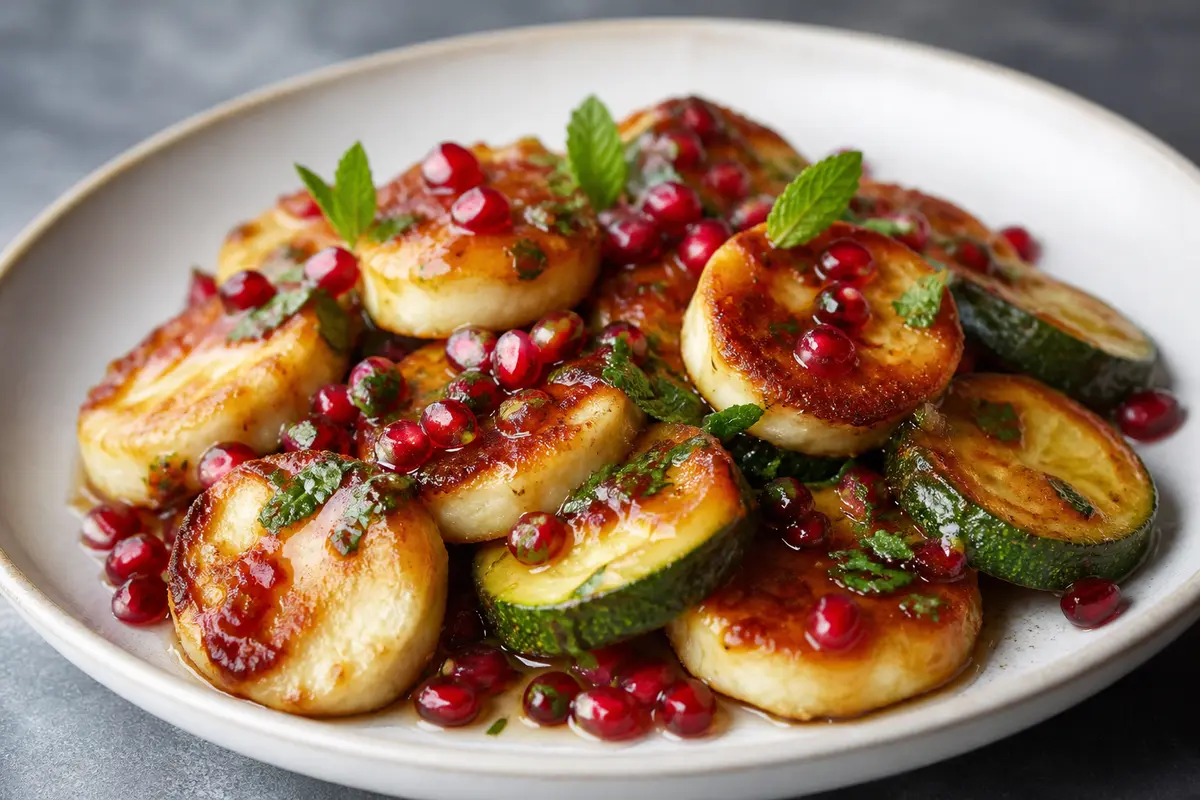 Moneditas crujientes de halloumi y calabacín con glaseado de granada y menta