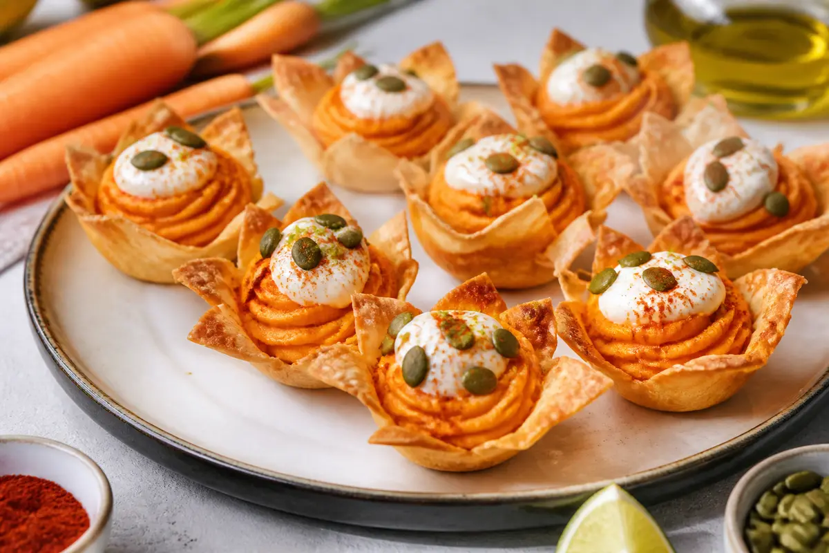 Tartitas crujientes de wonton al horno con crema de zanahoria especiada, yogur de lima y semillas de calabaza