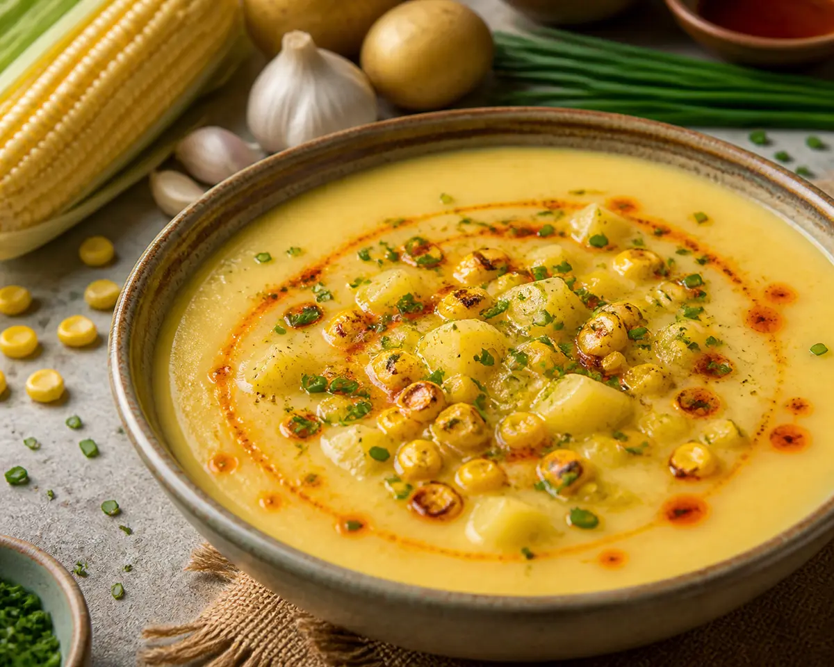 Sopa cremosa de maíz tostado, patata y cebollino con aceite de chile suave