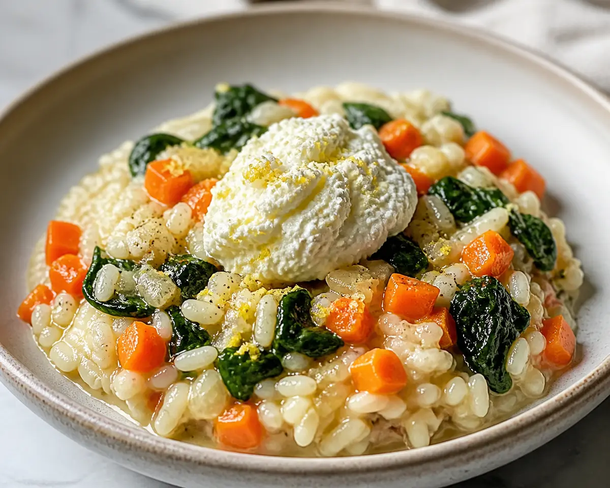 Creamy rice with spiced carrot, sautéed spinach, and lemon ricotta