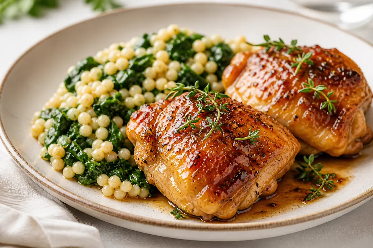 Pollo glaseado de membrillo, jerez y tomillo con cuscús perlado de espinacas