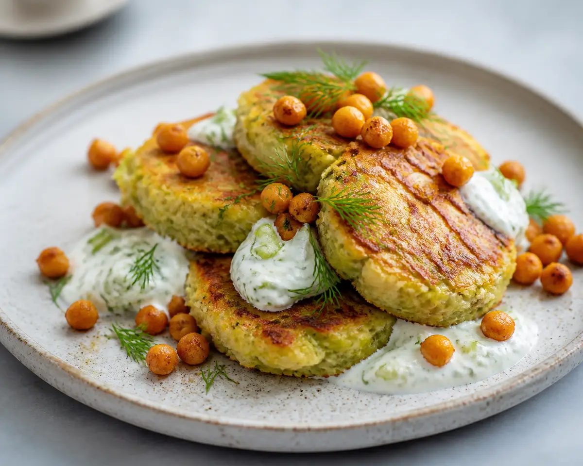 Potato and leek cakes with dill cucumber cream and crispy chickpeas