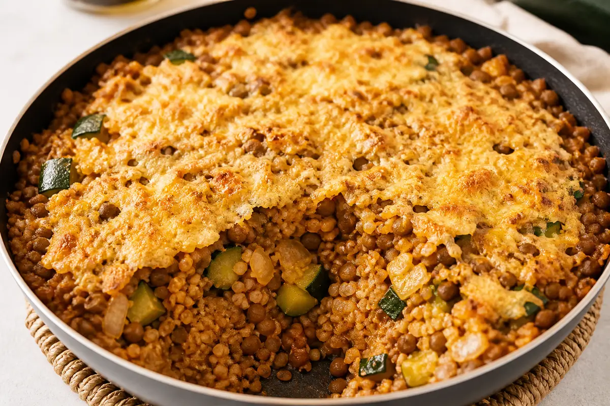 Budget Bulgur Skillet with Lentils, Zucchini and Cheese Crust