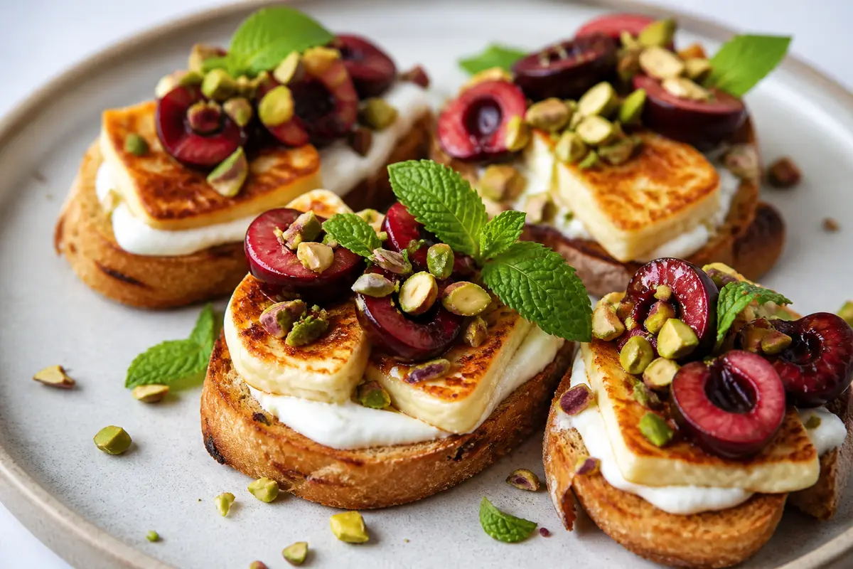Quick Golden Halloumi Toasts with Cherries, Mint, and Pistachio