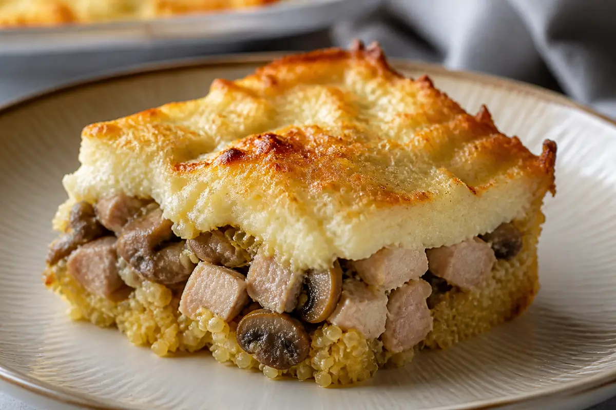 Pastel Familiar de Mijo al Horno con Pavo, Champiñones y Nube de Coliflor al Parmesano