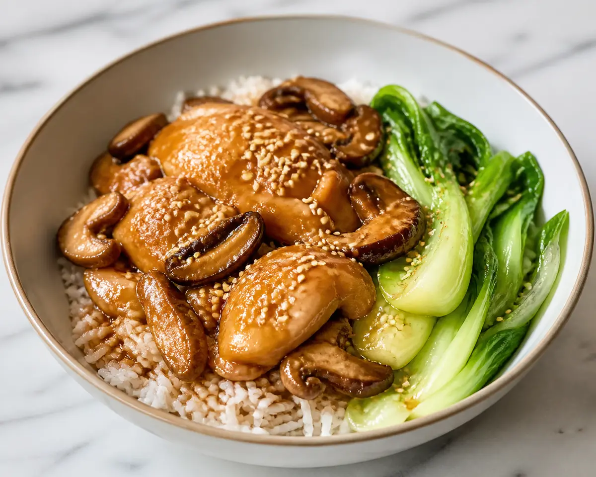 Instant Pot Chicken with Mild Red Miso, Rice, Mushrooms, Bok Choy and Sesame