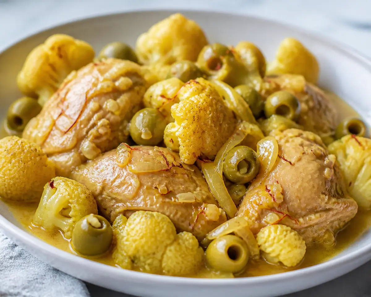 Slow Cooker Chicken with Cauliflower, Green Olives, and Gentle Saffron