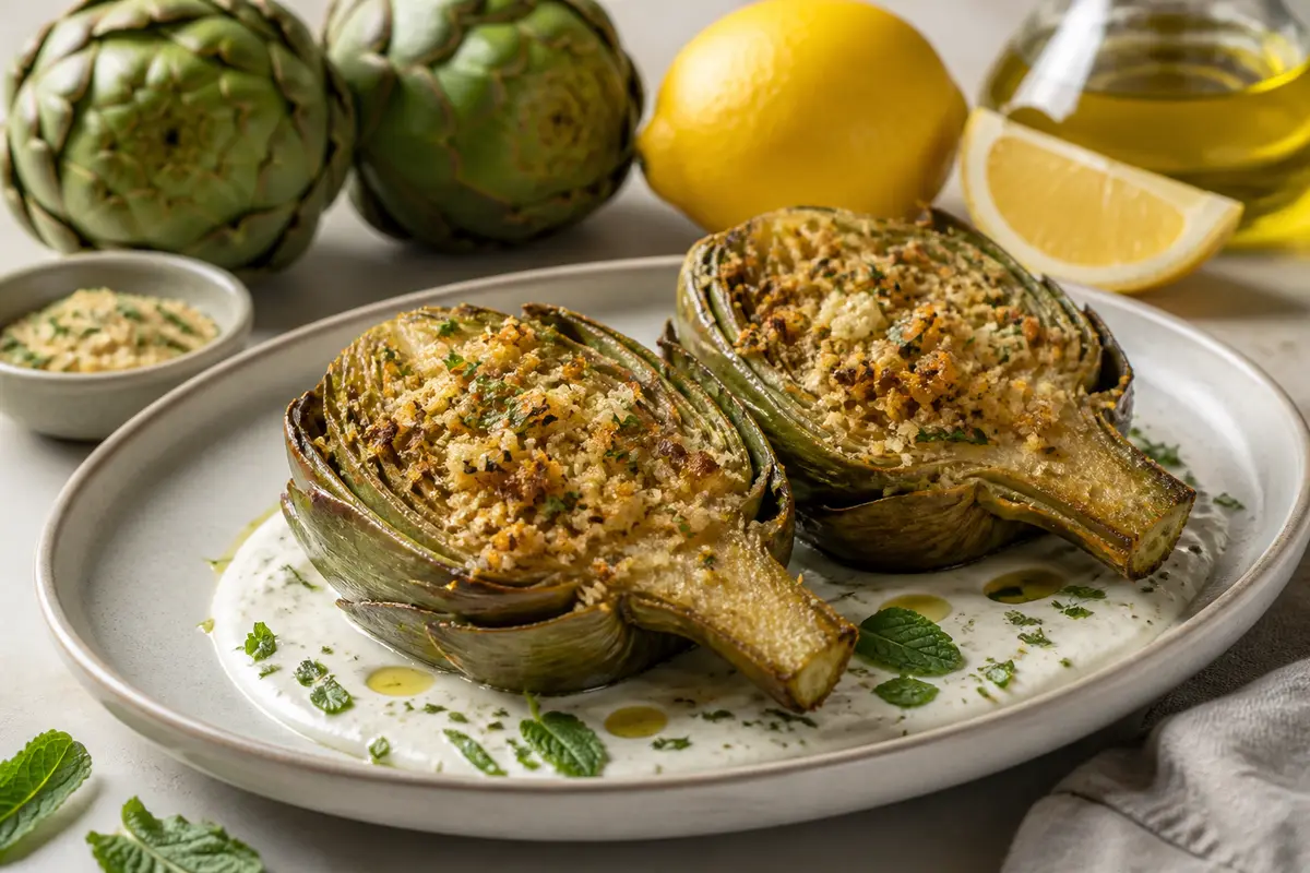 Mitades de alcachofa en Air Fryer con costra de pecorino, limón y menta sobre yogur de ajo