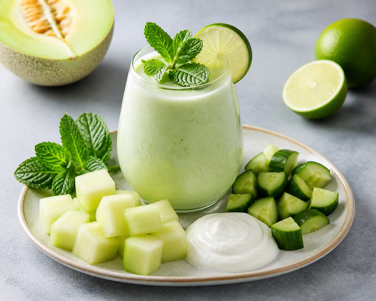 Batido Marfil de Melón Galia, Pepino y Yogur con Hierbabuena y Lima