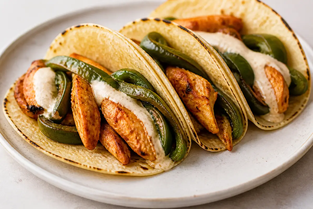 Ancho Chicken Tacos with Roasted Poblano Strips and Cumin White Bean Cream
