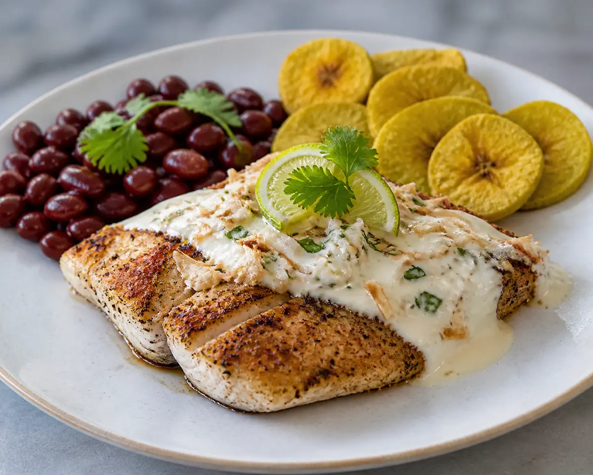 Mero Caribeño al Cilantro y Lima con Crema de Coco Dorado, Frijoles Colorados y Chips de Plátano Verde