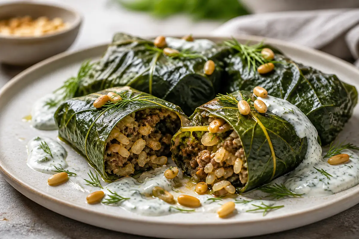 Paquetitos Mediterráneos de Acelga con Cordero al Limón, Arroz con Piñones y Salsa de Yogur al Eneldo