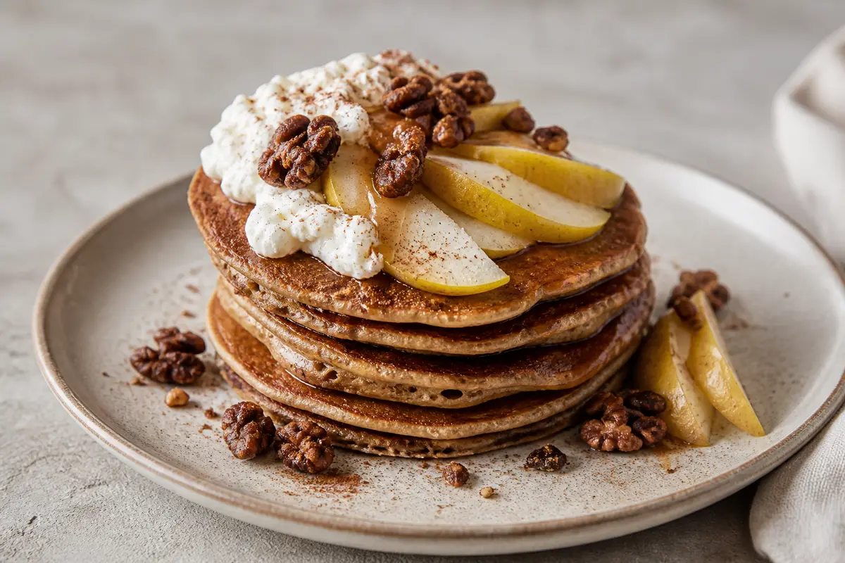 Rye and Pear Pancakes with Cardamom Whipped Cottage Cheese and Cocoa Walnuts