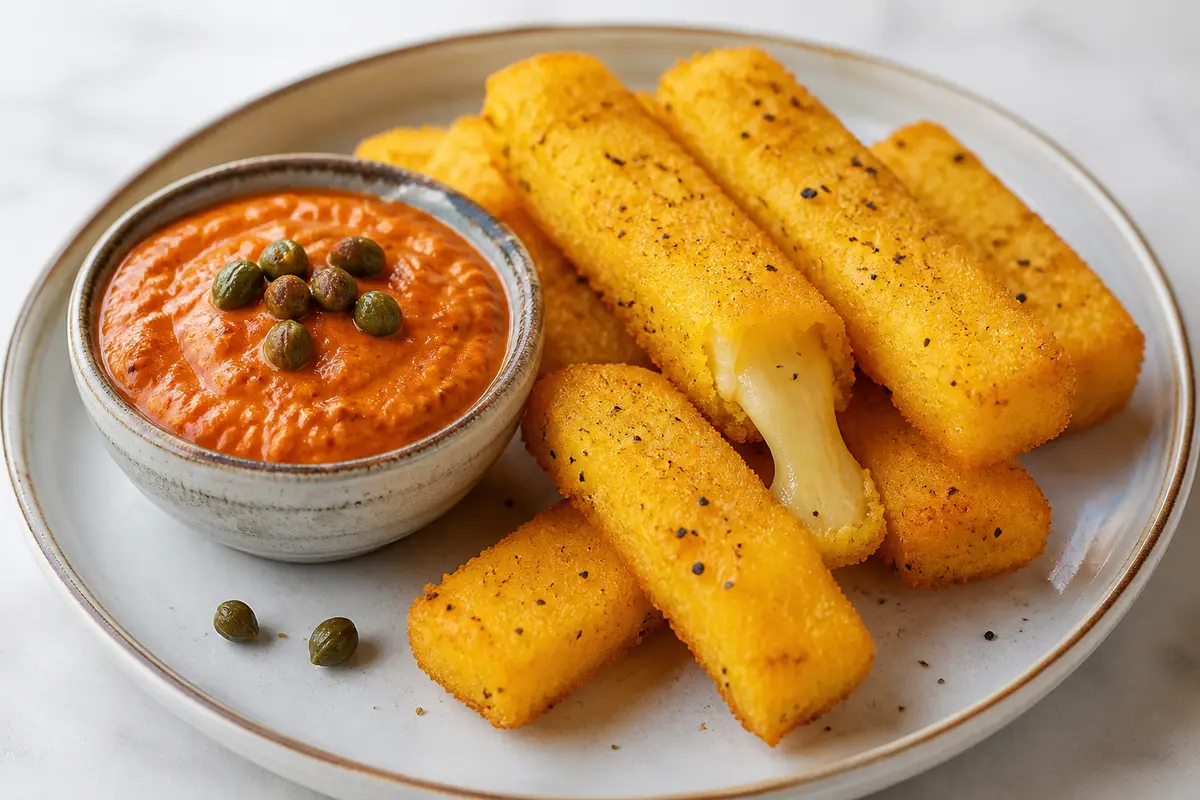 Bastoncitos crujientes de polenta y provolone con dip de pimiento rojo asado y alcaparras
