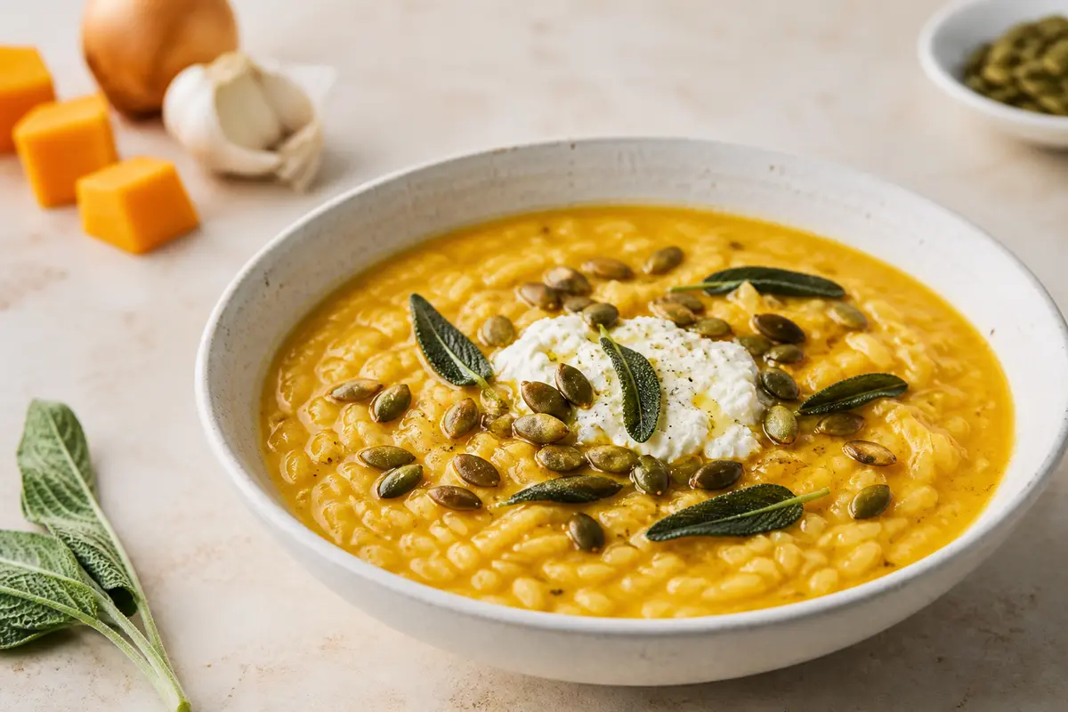 Creamy butternut squash, rice and sage soup with lemon ricotta and toasted pepitas