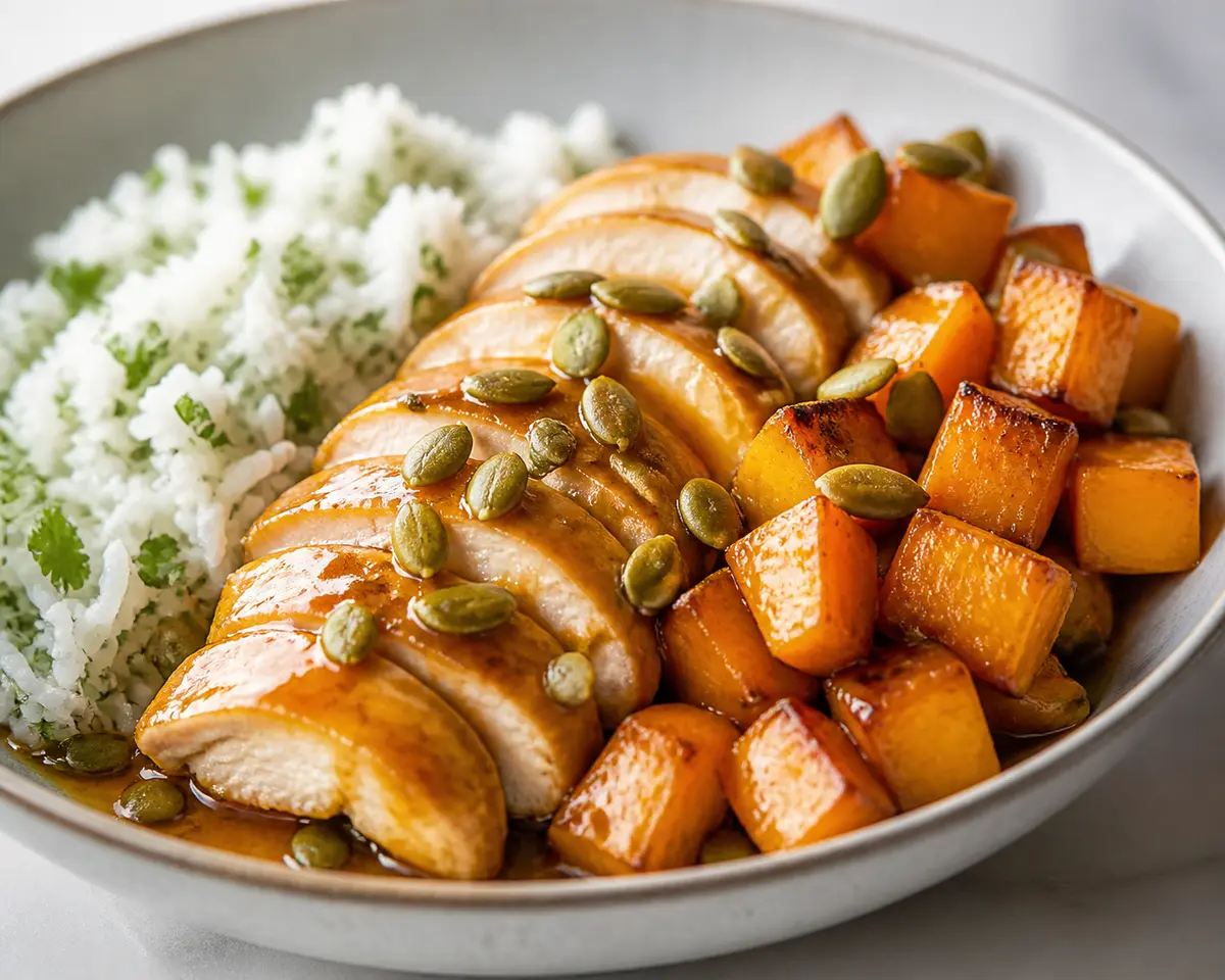 Bowl tibio de pollo al adobo de naranja y jengibre con arroz de cilantro, calabaza laqueada y pepitas crujientes
