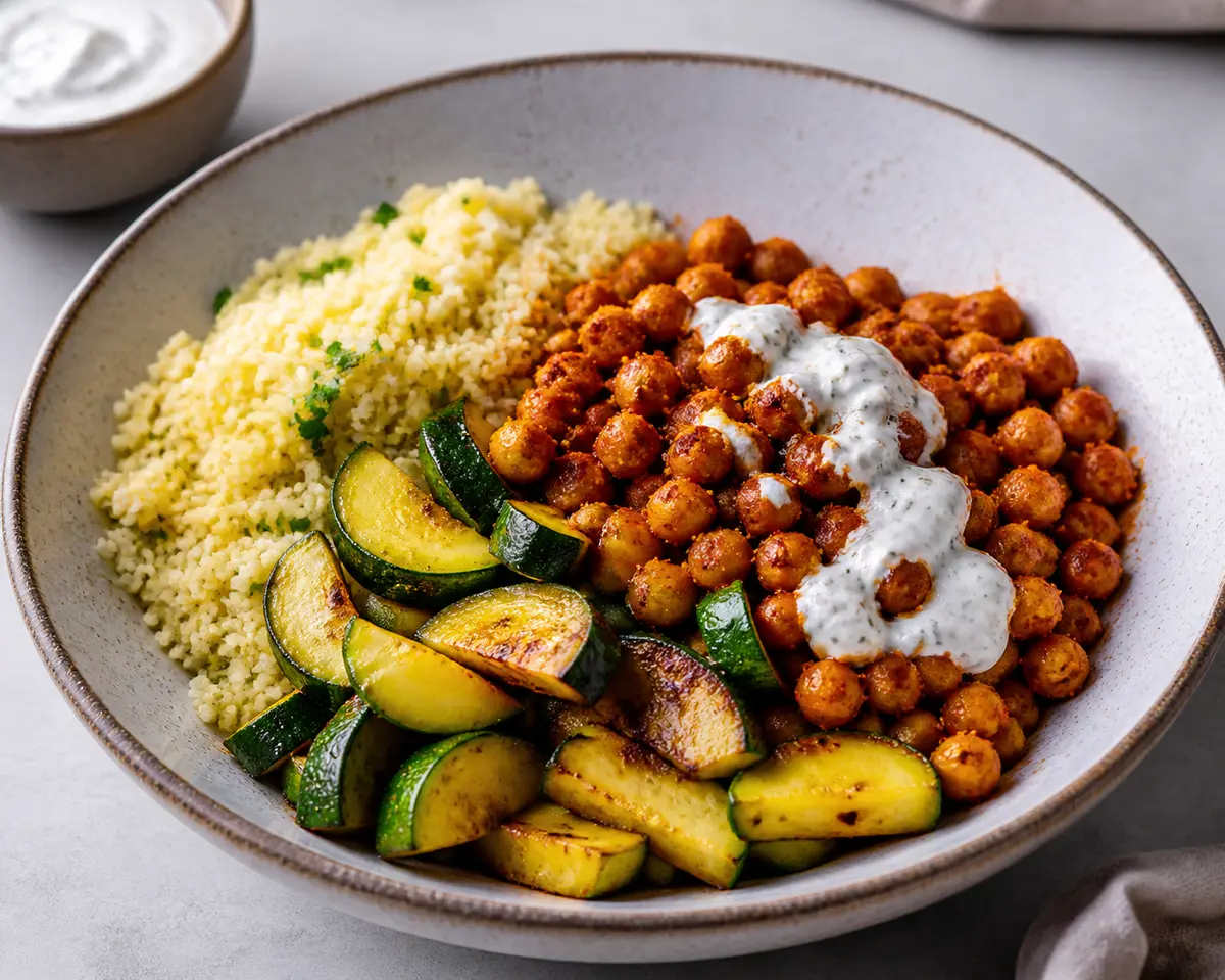 Sartén de garbanzos al pimentón ahumado con calabacín dorado, cuscús de limón y crema ligera de feta