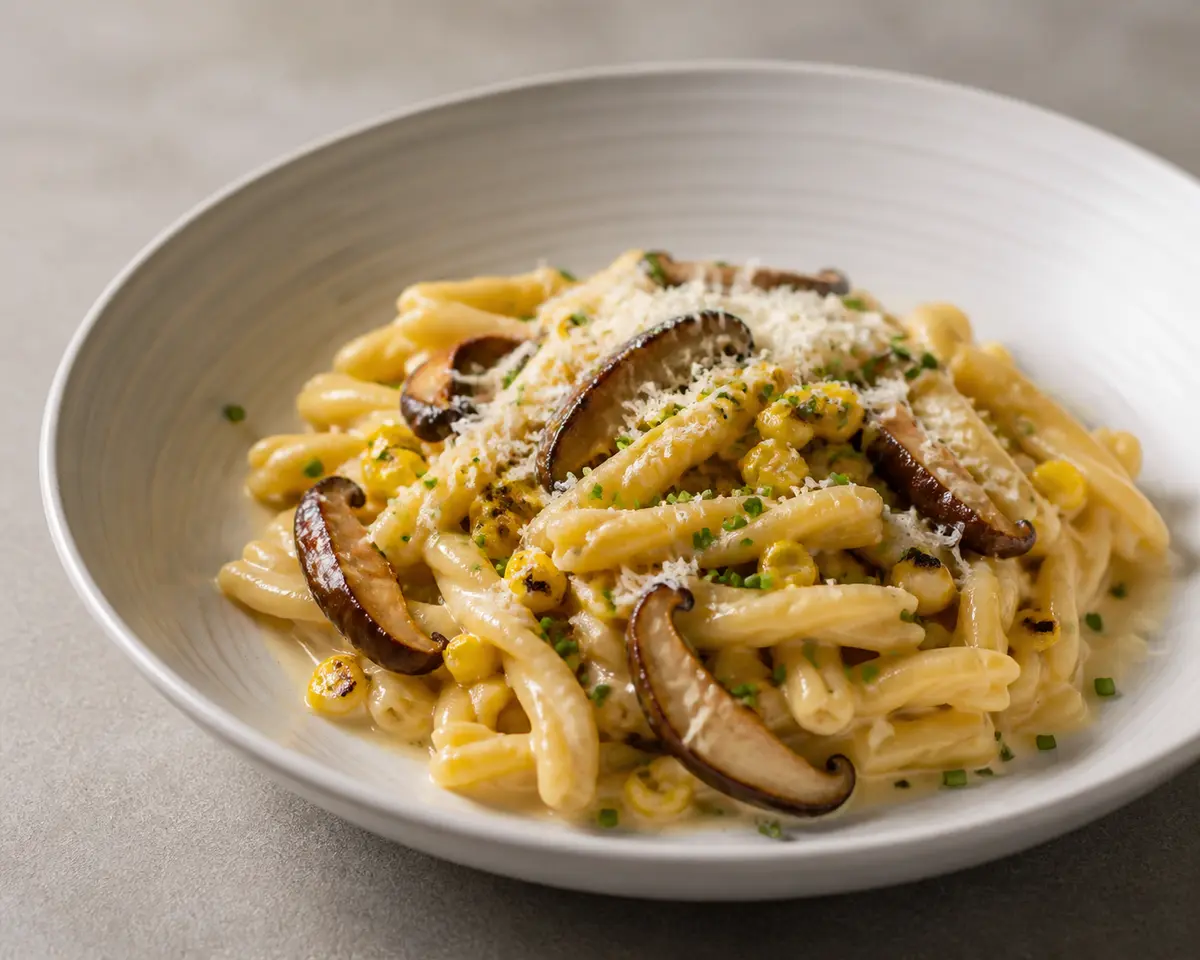 Creamy Casarecce with Charred Corn, Garlic Shiitake and Pecorino with Chives