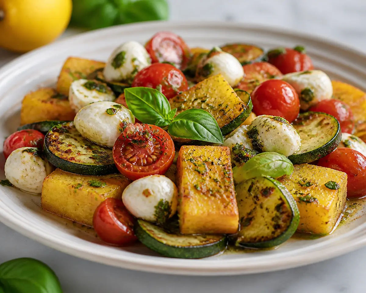Warm Golden Polenta Salad with Seared Zucchini, Sautéed Cherry Tomatoes, and Mozzarella with Basil Lemon Vinaigrette